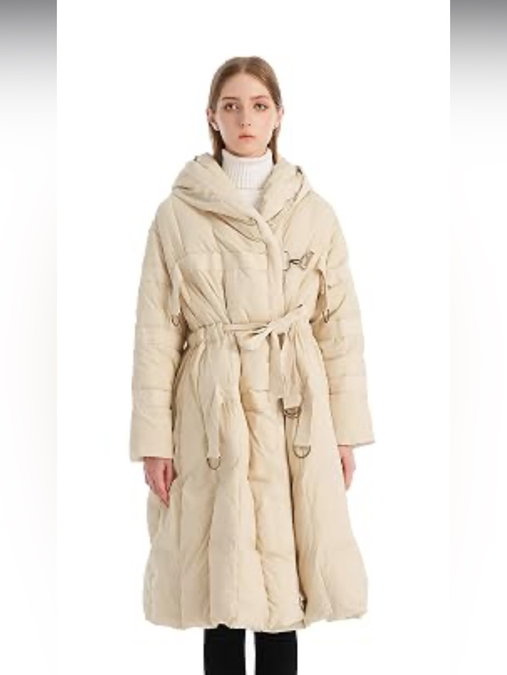 Krismile Cream Oversized Puffer Coat with Hood and Strap Details